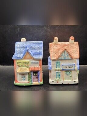 Vintage Set Of 2 Avon Tea Shop Coffee House Cottages Spice Jars Ceramic